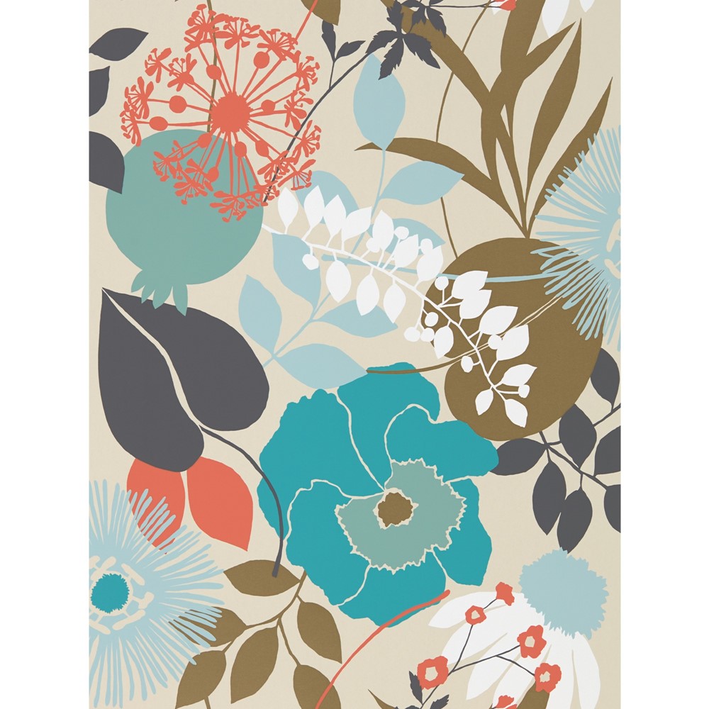 Doyenne Wallpaper 111493 by Harlequin in Sky Olive Coral